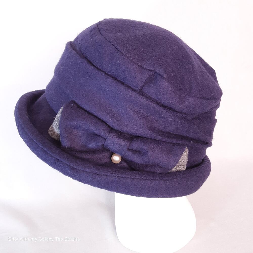 💎Siggi Womens Cloche Hat Grape Jelly Purple Wool Blend Gathered Bow Faux Pearl